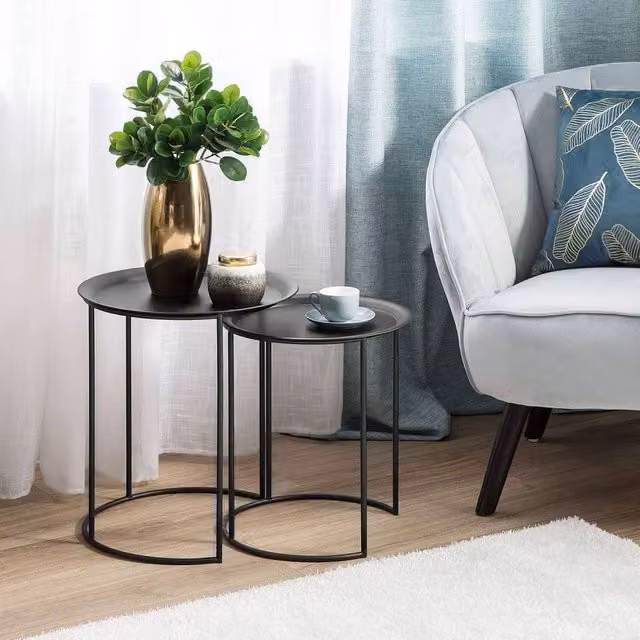 Wyld and Coco Black Metal Nesting Tables, Set of 2 Round Tray Tops