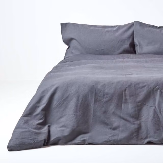 Homescapes Plain Grey Linen and Combed Cotton Duvet Cover Set with Pillowcase, W: 200 cm x H: 200 cm