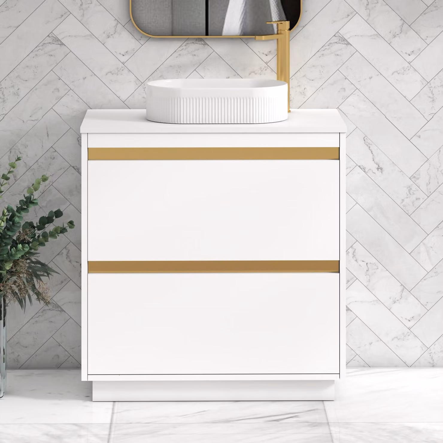 Royal Bathrooms Orion 800mm Matt White Floor Standing 2 Drawer Vanity Unit with Lyon Basin and Brushed Brass Accent Trim