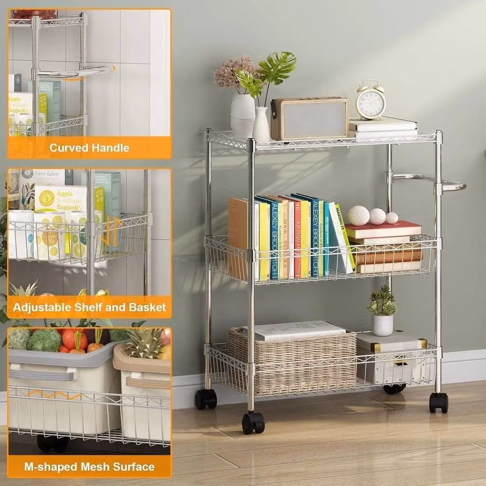 KORVIXA 3 Tier Metal Kitchen Trolley Cart with Adjustable Shelves in Silver, W/D/H: 100 x 100 x 80 cm – 2