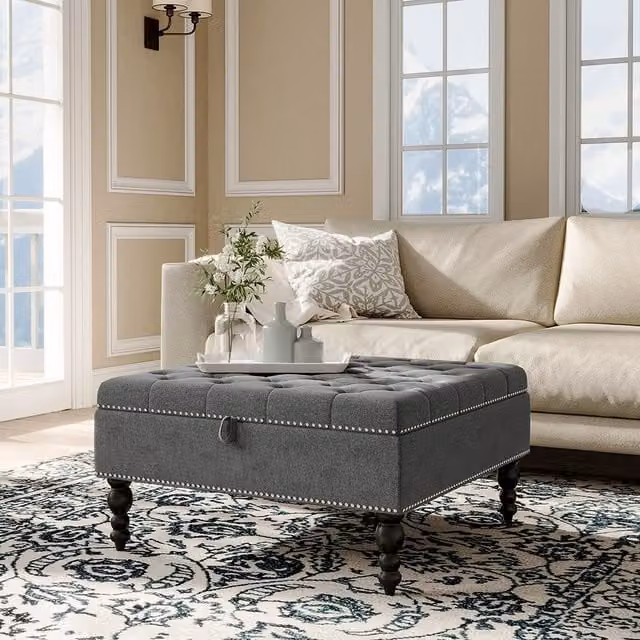 Livingandhome Grey Linen Square Tufted Storage Ottoman