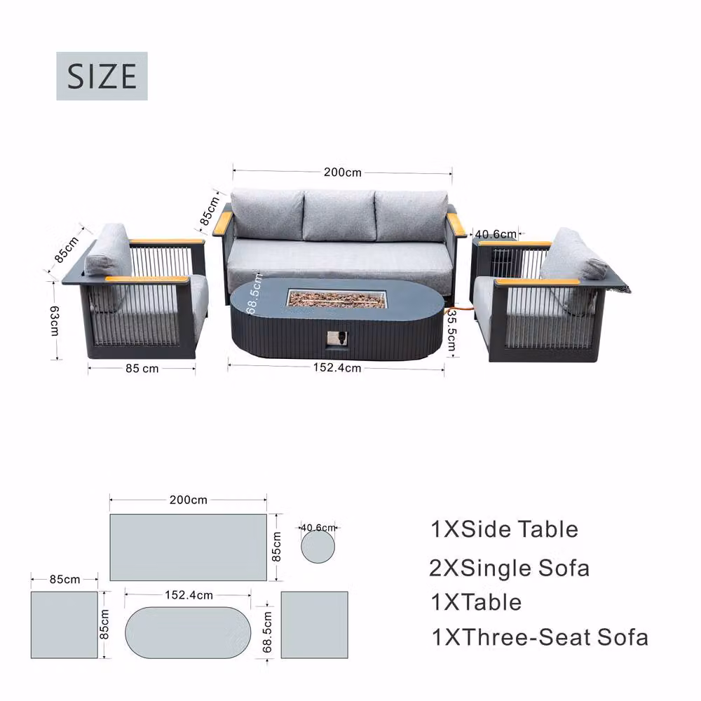 MIMO Garden Grey Rope Weave Sofa Set with Terrafab Fire Pit Table and Upholstered Cushions – 3