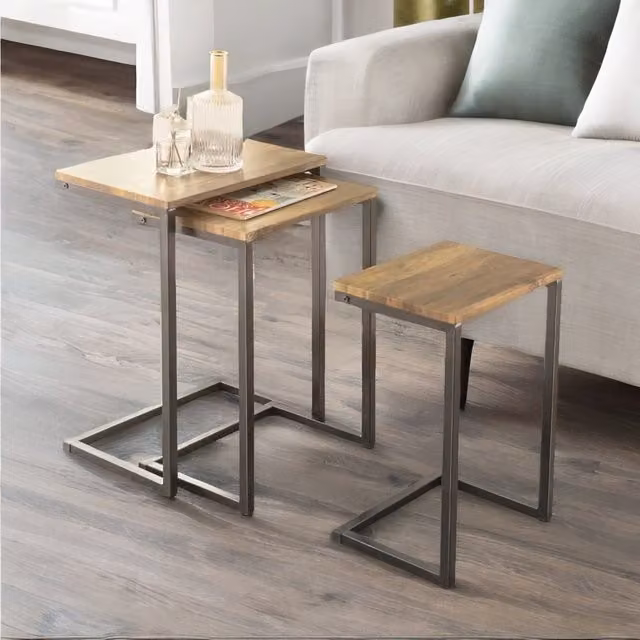 Rafaelo Mobilia Set of 3 Rectangular C-Shaped Nesting Tables in Brown and Black