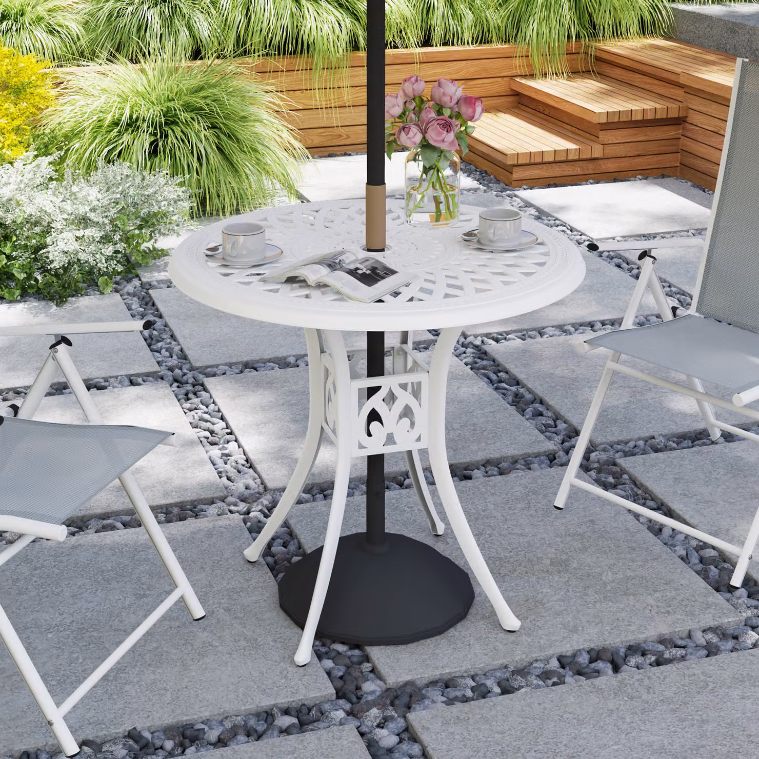 Outsunny Antique Cast Aluminium Round Garden Dining Table with Parasol Hole, White – 2