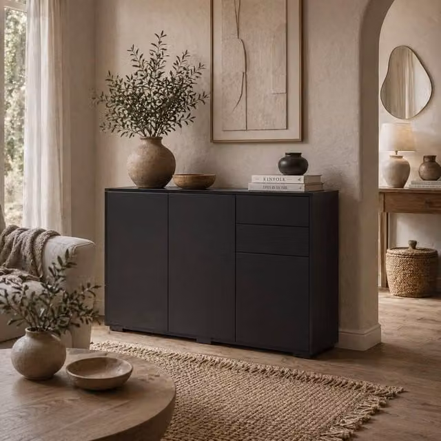 Wyld Haus Lino High Gloss Black Sideboard with 2 Drawers and 3 Doors, W/D/H: 117 x 36 x 74 cm – 1