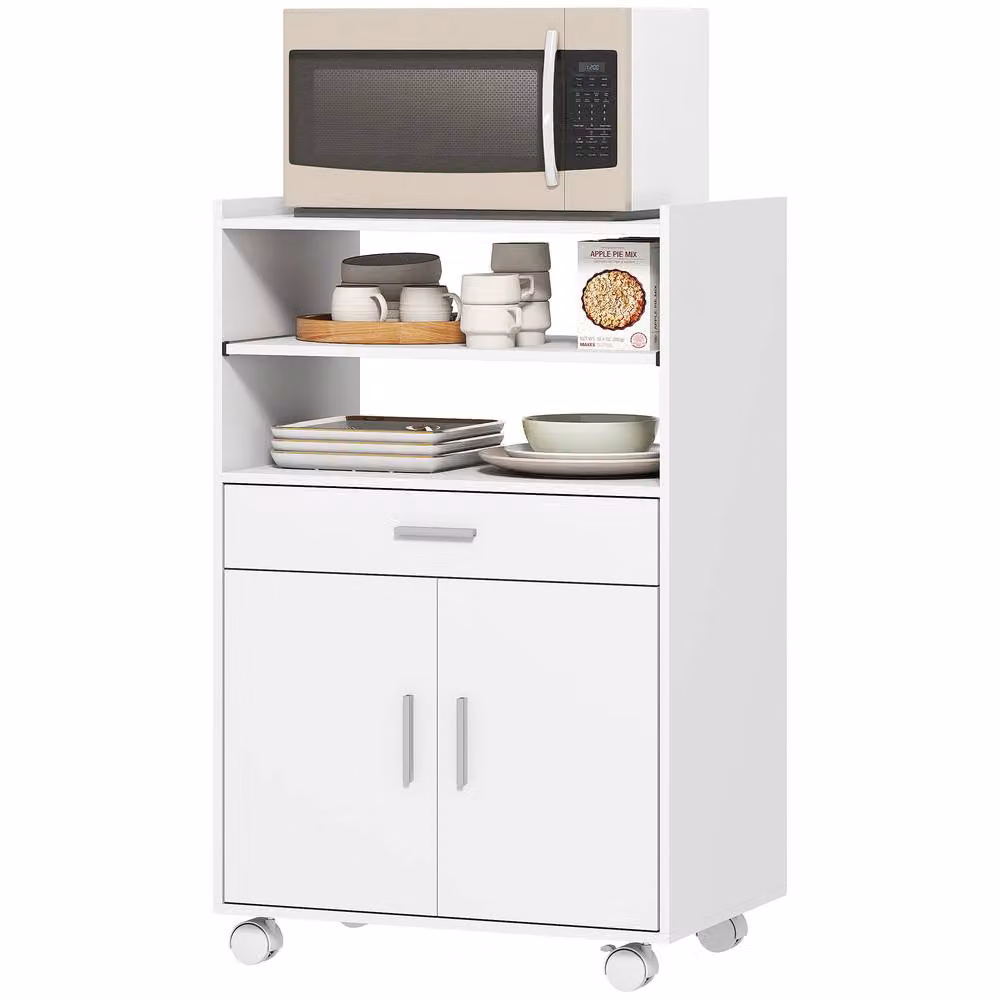STILVORA Modern Glossy White Kitchen Trolley with Wheels, Drawer and Double Doors – 2