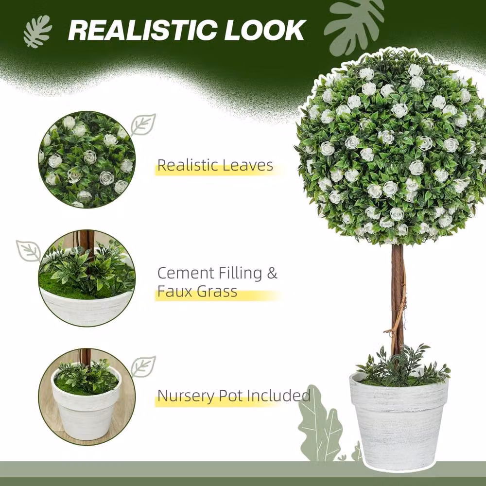 Wyld Haus Rahafi Set of 2 White Artificial Rose Topiary Ball Trees in Pots, H 60 cm x W 27 cm x D 27 cm – 5