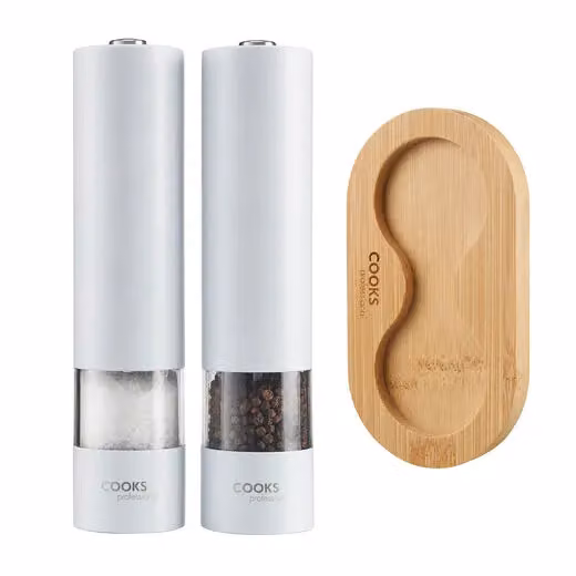 Cooks Professional Electric Salt and Pepper Mill Set with Bamboo Base, White – 2