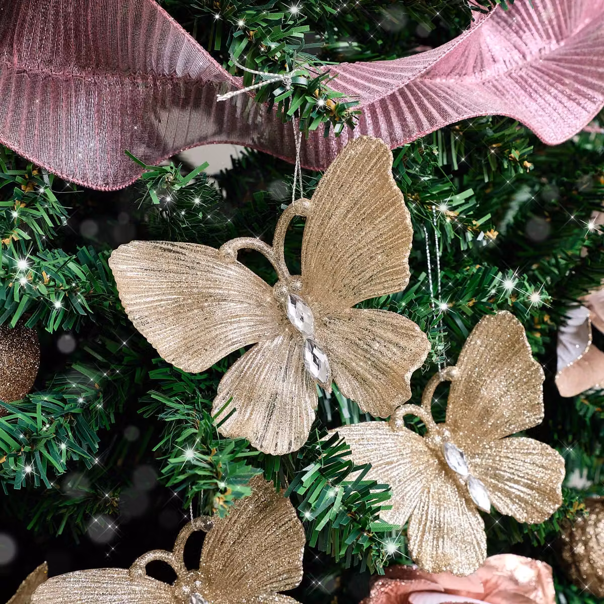 Melody Maison Set of 3 Champagne Gold Glitter Jewelled Butterfly Christmas Hanging Decorations, 10 cm – 2