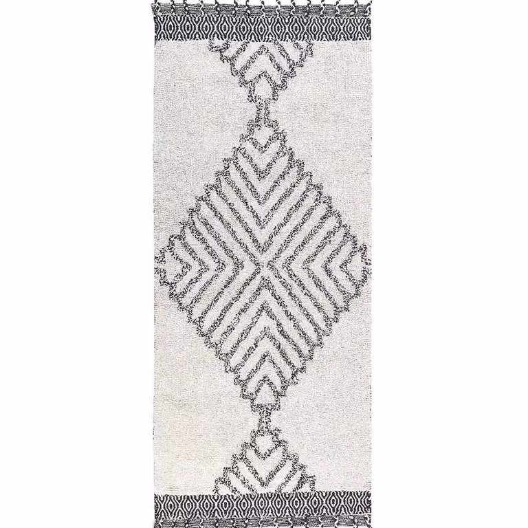 Wyld and Coco Handwoven Cotton Geometric Rug in Black and White with Tassels, W/L: 80 x 150 cm