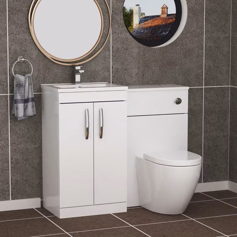 Royal Bathrooms Gloss White 1000mm 2 Door Vanity Unit with Minimalist Basin and Elva Back to Wall Toilet