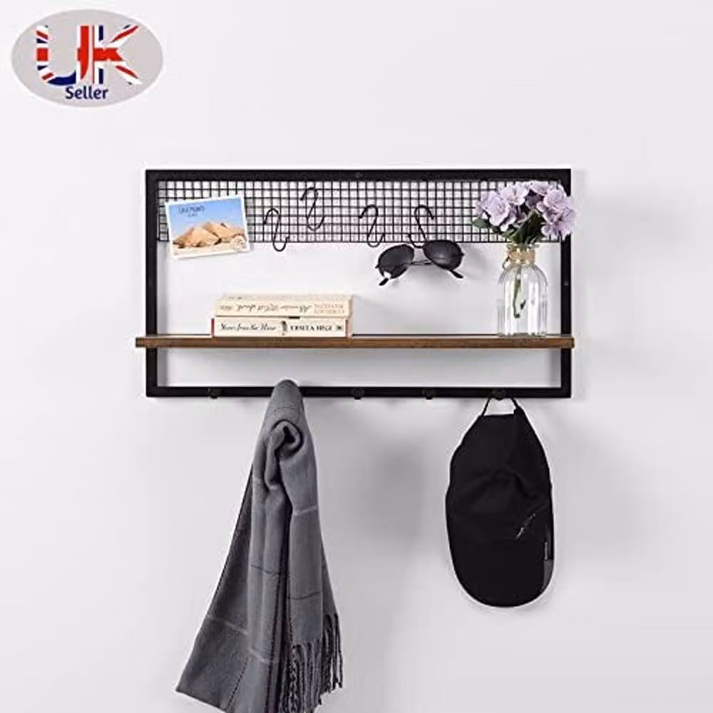 SPOT ON DEALZ Industrial Rustic MDF Wall Mounted Shelf with Black Metal Wire Frame and Hooks, W: 63 cm, H: 35 cm, D: 16.6 cm – 4