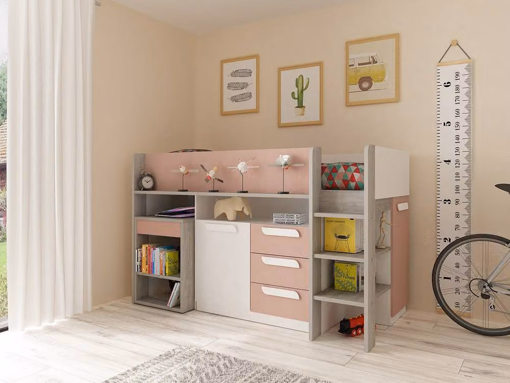 Vente-unique Pink Single Combination Bed with Desk, Storage Drawers and Stairs, W/D/H: 193.8 x 90 x 131.5 cm – 3