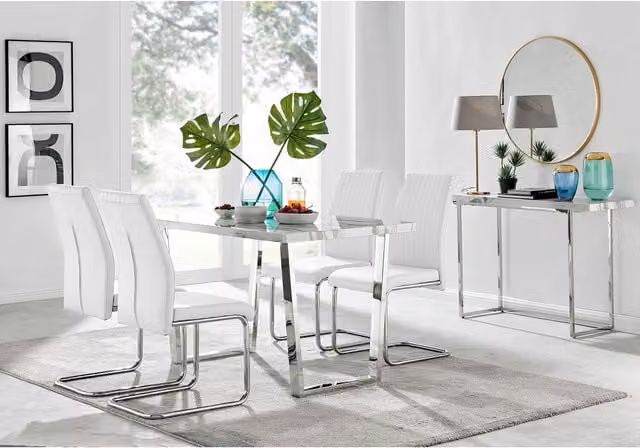 FurnitureboxUK Kylo White Marble Effect Rectangular Dining Table and 4 Lorenzo Chairs in White, Silver and Grey