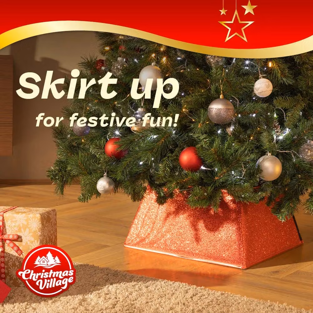 Christmas Village Glitter Square Christmas Tree Skirt in Gold and Red, W/D: 48 x 48 cm – 2