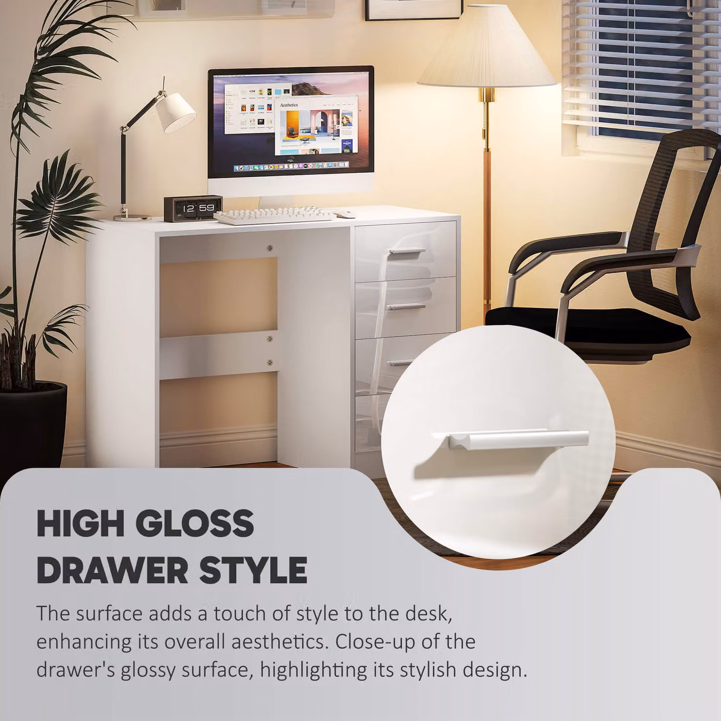 HOMCOM High Gloss Computer Writing Desk with Drawers, White – 9