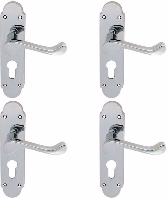 Loops 4x Pair Victorian Upturned Lever on Euro Lock Backplate, Polished Chrome, W: 170 mm, H: 42 mm