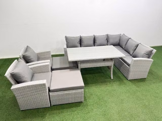 Fimous 10 Seater Rattan Garden Furniture Set with Corner Sofa and Dining Table in Light Grey