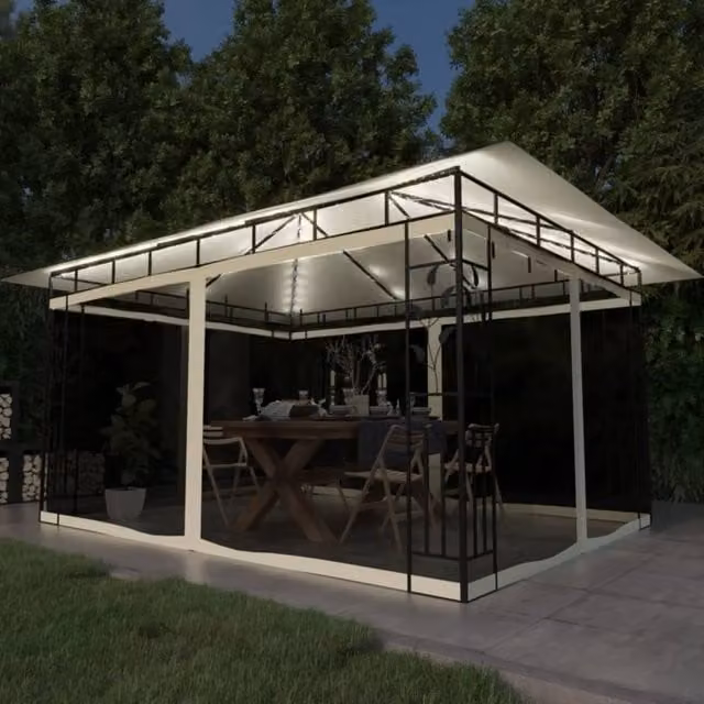 Berkfield Home Gazebo with Mosquito Net and LED String Lights, Beige, W: 400 cm, D: 300 cm, H: 273 cm – 1