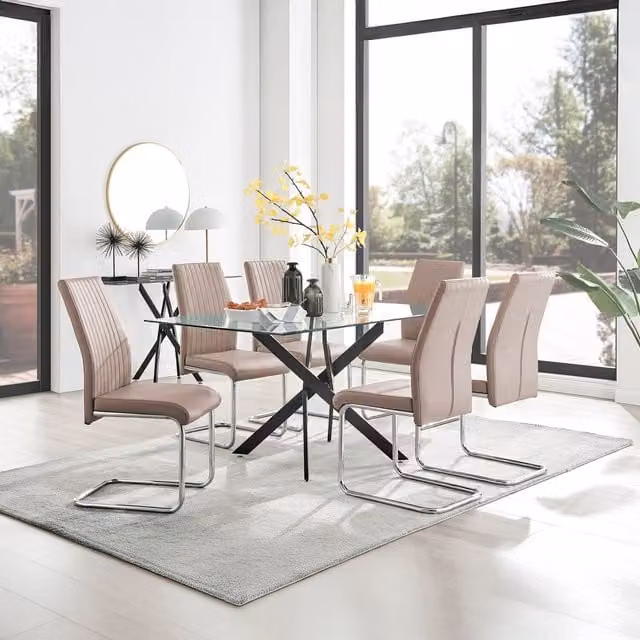 FurnitureboxUK Leonardo Glass Dining Table with 6 Lorenzo Chairs in Cappuccino and Black