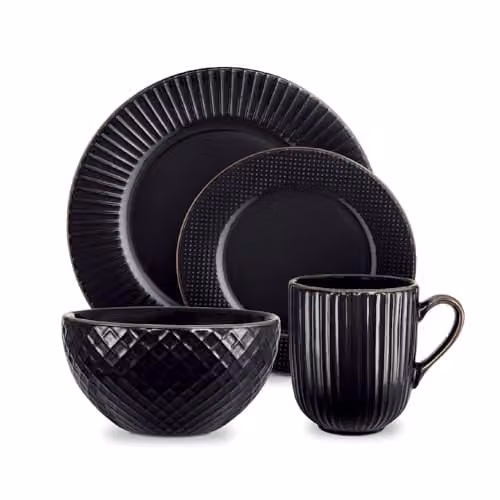 Tower Empire 16 Piece Geometric Stoneware Dinnerware Set in Black and Bronze – 1