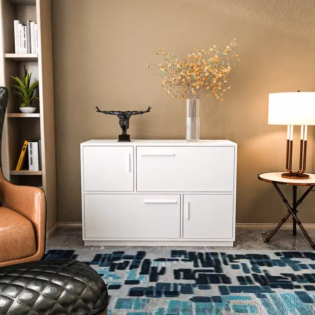 Decorotika Mares Modern Geometric Sideboard in White and Gold, W/D/H: 120 x 45 x 81.6 cm