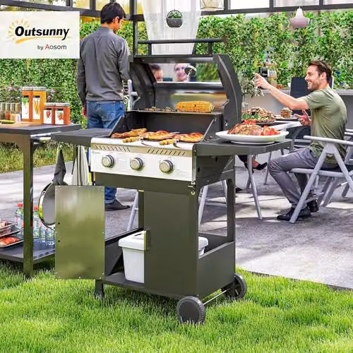 Outsunny 3 Burner Propane Gas BBQ Grill with Thermometer and Warming Rack, Black – 2