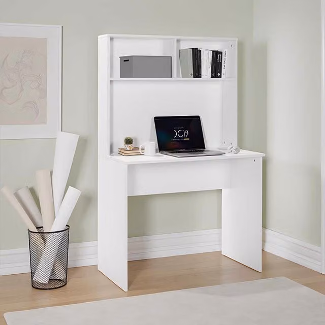 FWStyle Matt White Home Office Study Desk with Storage Hutch, W/D/H: 148.0 x 90.0 cm
