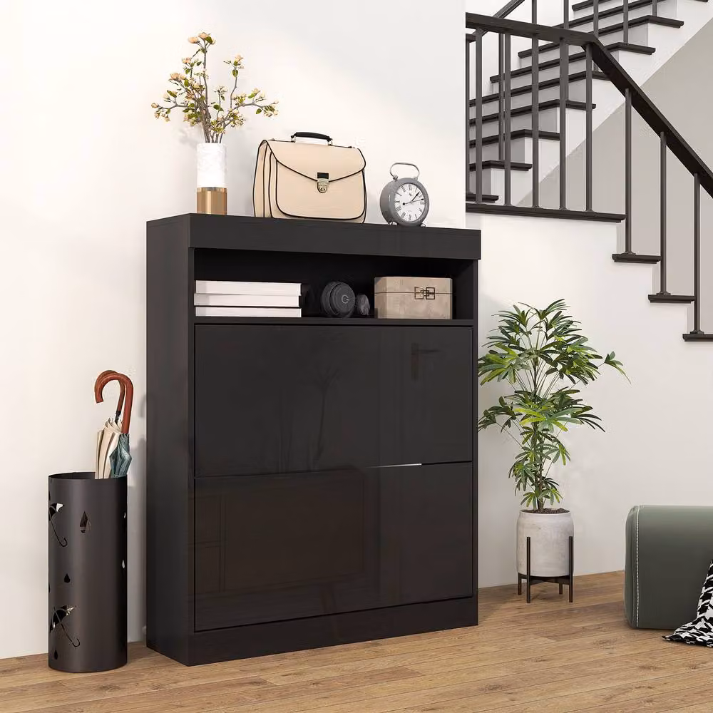 STILVORA Modern Black Shoe Cabinet with 2 Tilting Compartments and Internal Shelves – 3