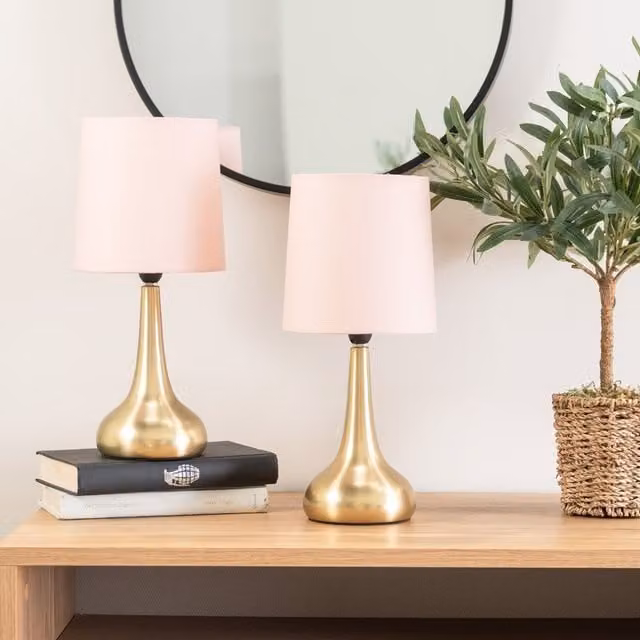 ValueLights Teardrop Pair of Gold Touch Table Lamps with Fabric Shades and Bulbs, Pink