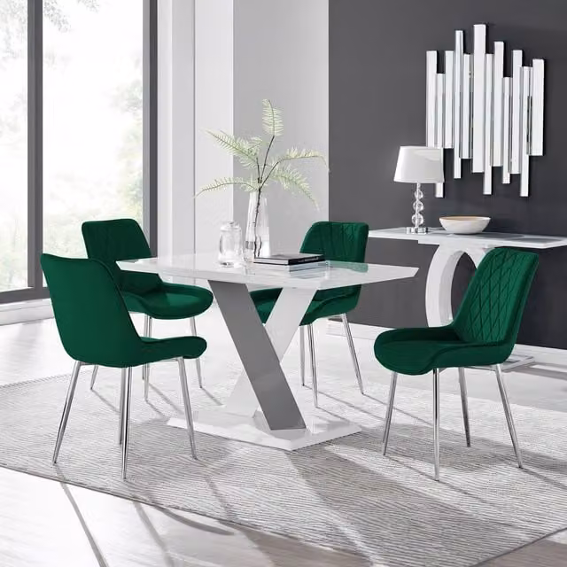 Furniturebox Monza White High Gloss Rectangular Dining Table with 4 Pesaro Silver Chairs in Green