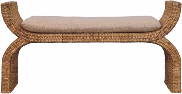 Artisan Furniture Modern Mango Wood Rattan Weave Boucle Bench in Brown and Beige