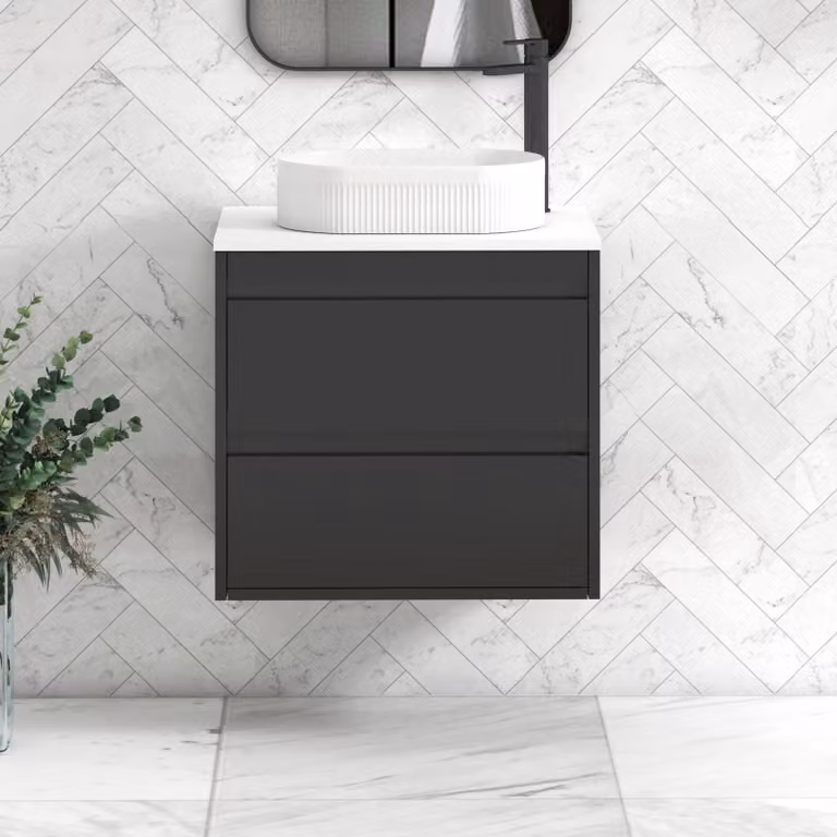 Royal Bathrooms Orion Wall Hung 2 Drawer Vanity Unit in Matt Obsidian Black with Plain White Stone Countertop Basin and Black Accent Trim