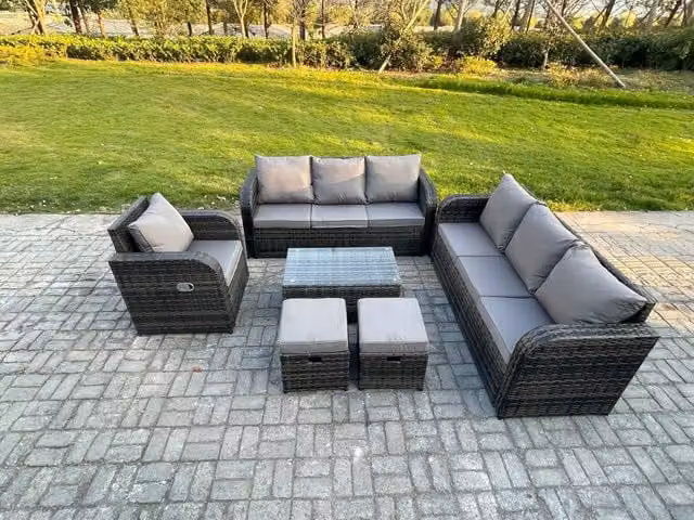 Fimous 9 Seater Rattan Garden Furniture Set in Dark Grey with 3 Seater Sofa, Coffee Table and Footstools
