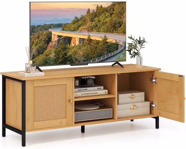 Gymax Boho PE Rattan Media Console Table for TVs up to 55 inch, Beige