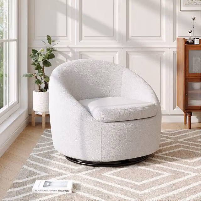 Komore White Boucle Fabric Swivel Tub Chair with Foam Cushion
