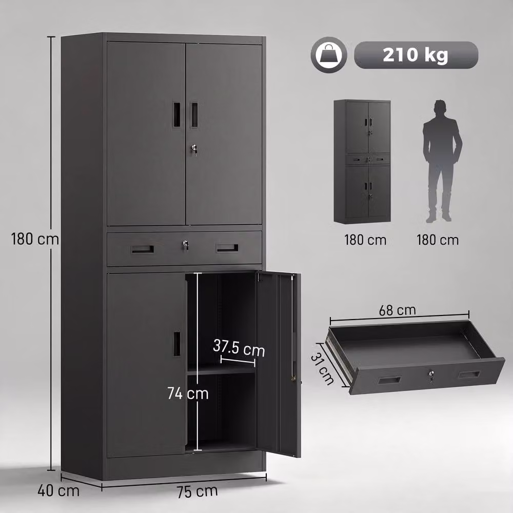 HOMCOM Lockable Metal Tool Storage Cabinet with Drawer, Black, H 180 x W 75 x D 40 cm – 3
