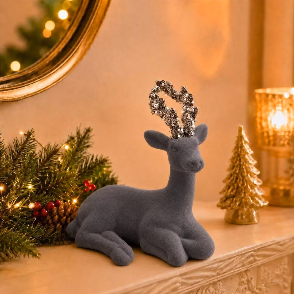 Shatchi Grey Velvet Sitting Deer with Antlers Christmas Reindeer Ornament, Height: 19 cm – 2