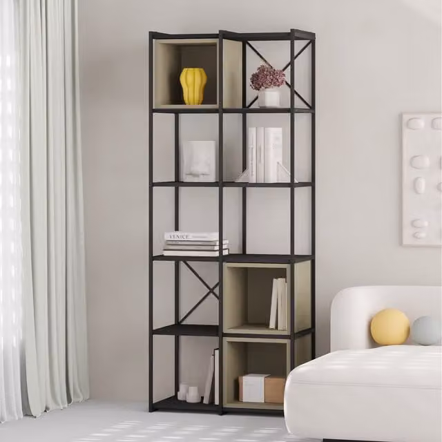 Decortie Vale Midi Bookcase Unit with Adjustable Shelves in Black Wood and Ash Green