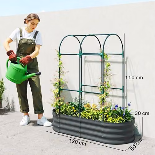 Outsunny Galvanised Steel Raised Garden Bed with Trellis, Grey, W/D/H: 121.92 x 60.96 x 140.2 cm – 5