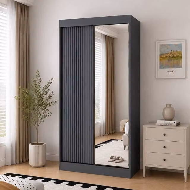 KDMD Kensington Dark Grey Sliding Door Wardrobe with Mirror Panel, W: 100 cm, H: 220 cm, D: 62 cm