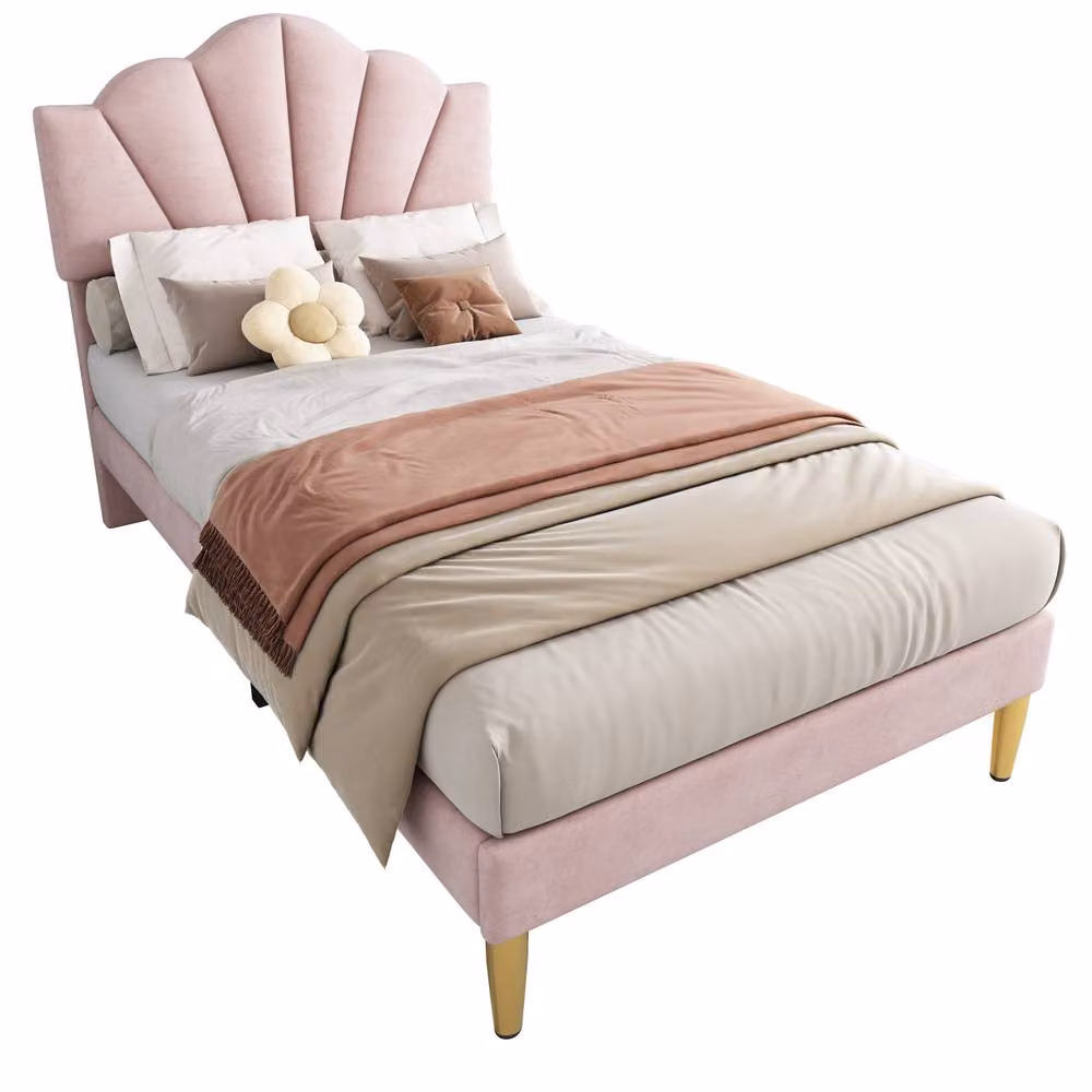 Rolipo Pink Velvet Single Bed with Shell Headboard and Gold Legs, W/D/H: 90 x 190 x 150 cm – 3
