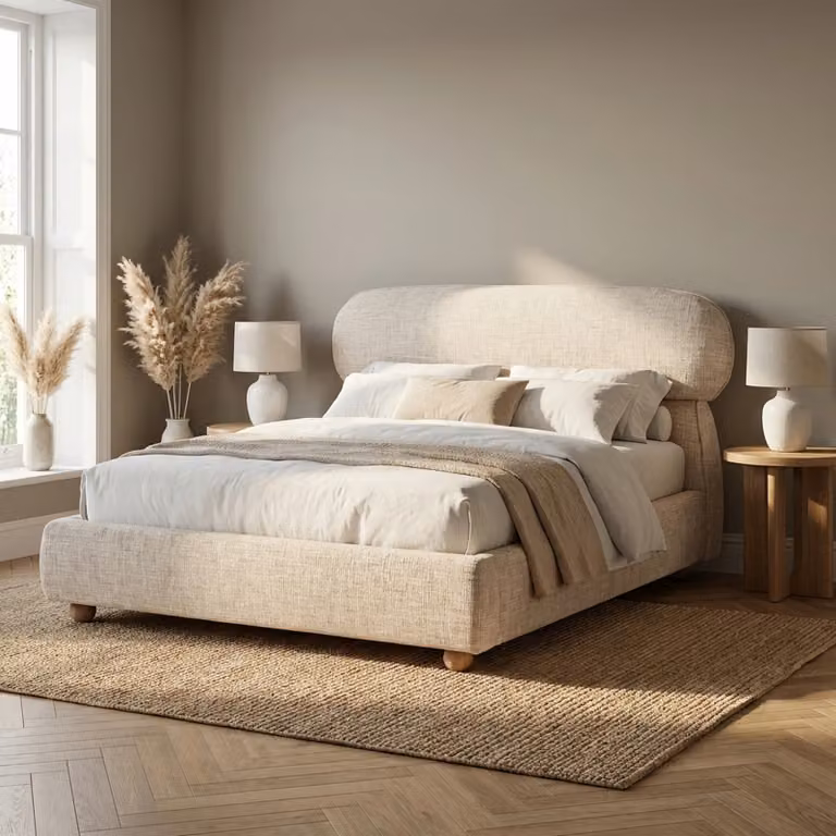 Serilya Upholstered Bed Frame with Luxury Headboard in Beige, Double (140 x 200 cm)