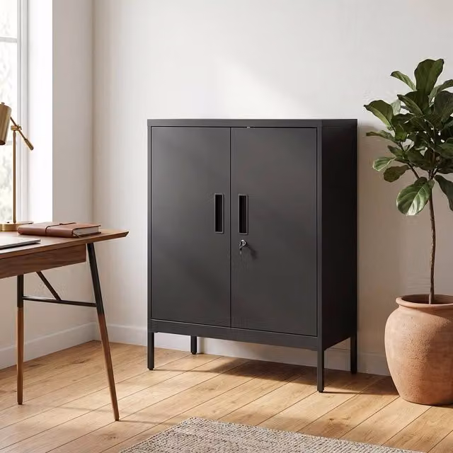 ERGOVEXA Lockable Metal Storage Cabinet with Adjustable Shelves, Black, W/D/H: 100 x 40 x 80 cm
