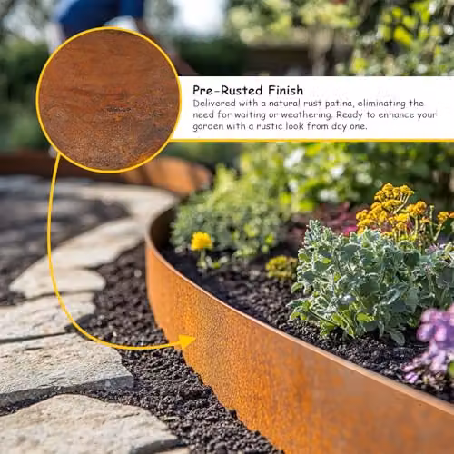 Nicoman Heavy Duty Pre-Rusted Metal Garden Border Edging, Bronze/Brown, 5m Long Roll – 3