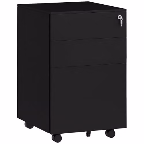 Vinsetto 3-Drawer Metal Vertical Filing Cabinet with Lock and Castors, Black – 1