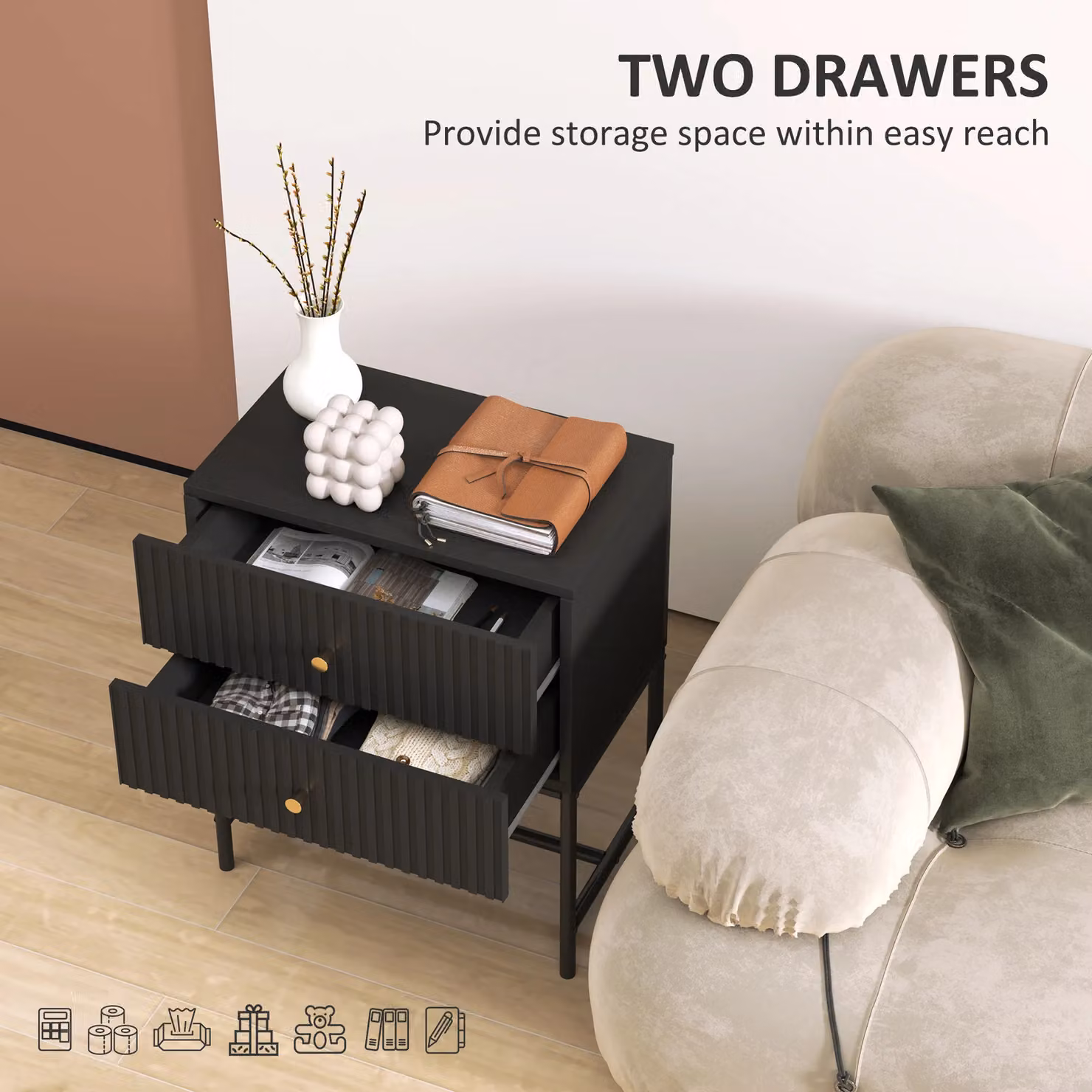 HOMCOM Modern Bedside Table with 2 Drawers in Black and Gold – 4