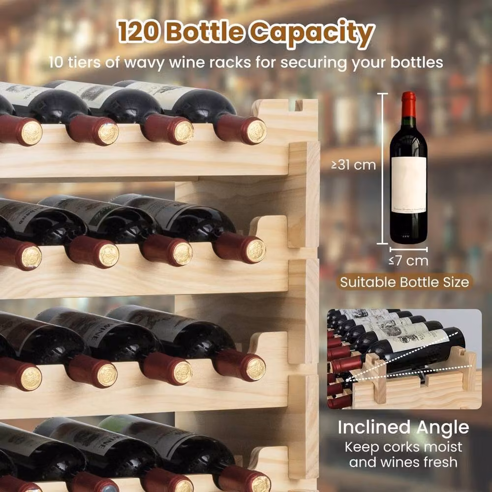 Kelvenix Stackable 120 Bottle Wine Rack in Natural Brown Wood – 5