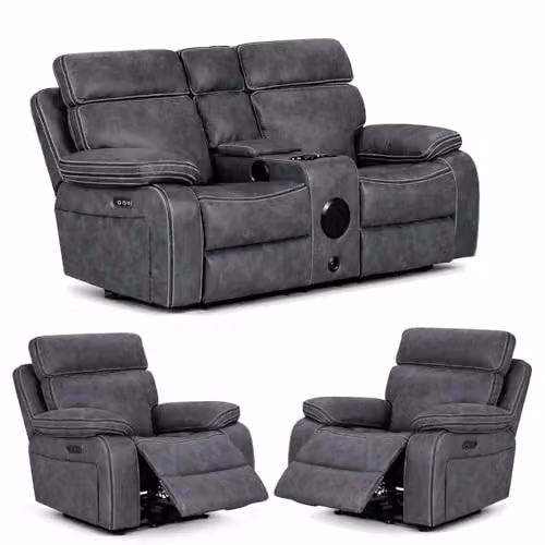 Furnishings For Less UK Tokyo 3 Piece Grey Synthetic Leather and Fabric Electric Recliner Sofa Suite with USB Charging and Cup Holders – 1