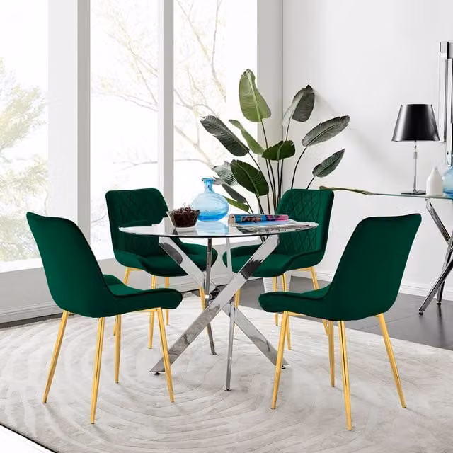 FurnitureboxUK Novara 100cm Round Tempered Glass Dining Table with Gold Legs and 4 Pesaro Green Velvet Chairs